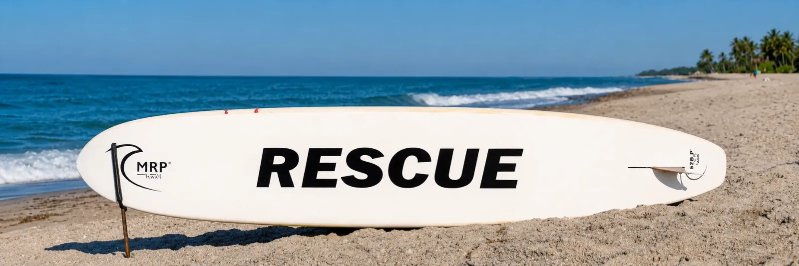 A rescue board resting on the sand beside the ocean in Florida